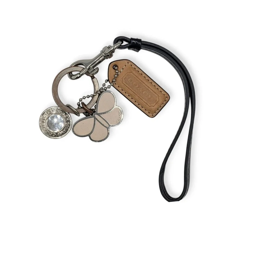 Coach Keychain Bag Charm Pink Butterfly Tan Silver Leather Hangtag Logo Vintage